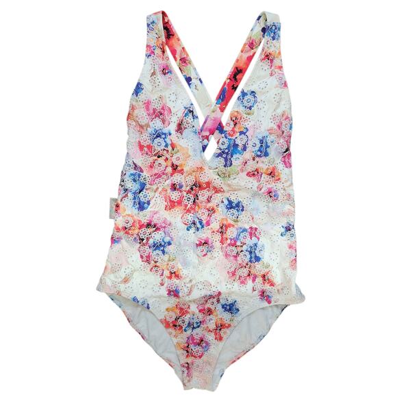 Johnny‎ Was Summer Days Eyelet Crossback One Piece Swimsuit M Boho Beach Resort - Picture 1 of 4